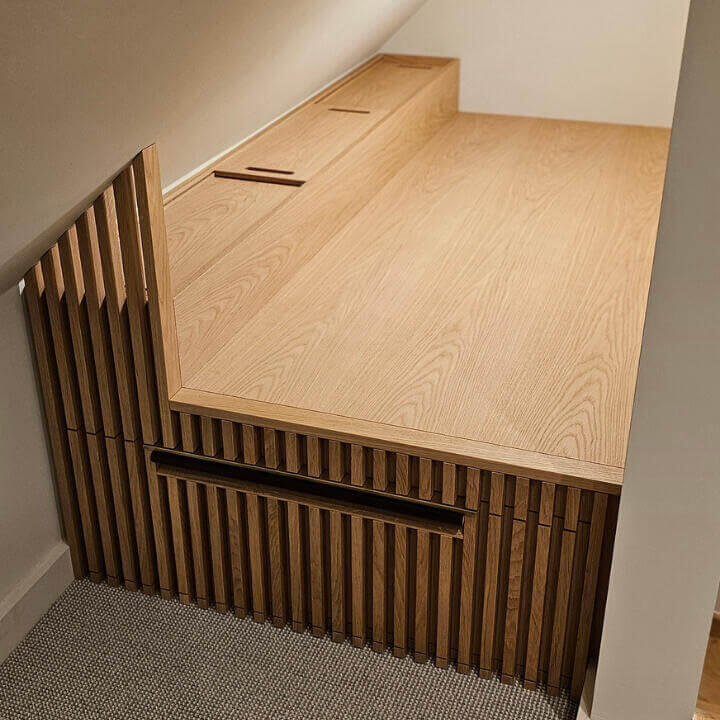 Bespoke Oak Meditation Bed with large Pull-out Storage Bespoke commissioned meditation bed with large pull-out storage drawer. Made with hand-selected solid oak and veneers. Custom one-off handmade brass pull handle with patinated leather. Crafted by Fundi Joinery in Edinburgh, Scotland