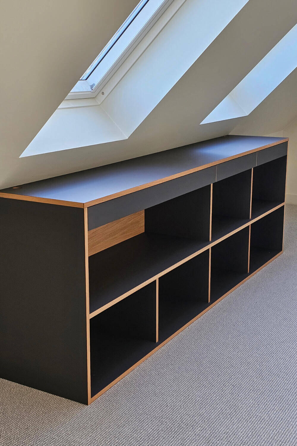 Bespoke Minimalist Open Shelving and Pull-out Desk Bespoke commission of a minimalist open shelving unit with a pull-out desk and drawers. made by Fundi Joinery in Scotland